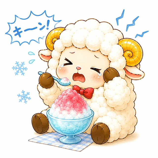 冷たいかき氷を食べて涼むかわいい羊（背景透過PNG）