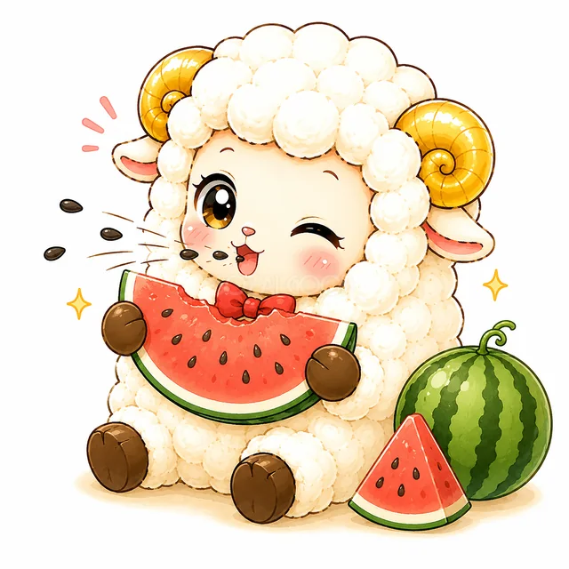 大きなスイカを食べる夏の羊（背景透過PNG）