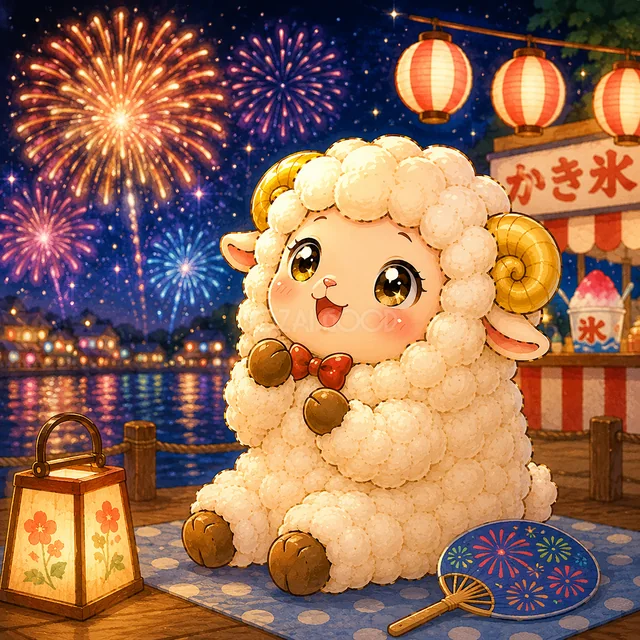 花火大会とかき氷の屋台を楽しむ羊（高画質PNG）