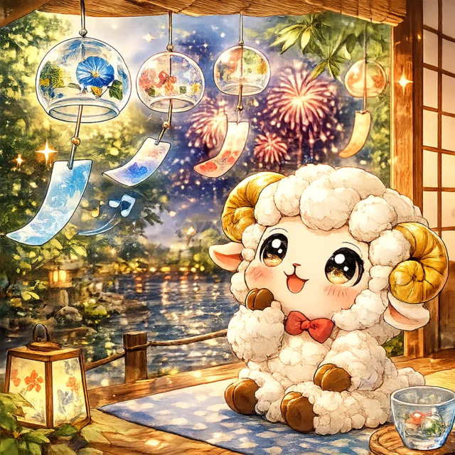 風鈴と花火を眺める夏の夜の羊（高画質PNG）