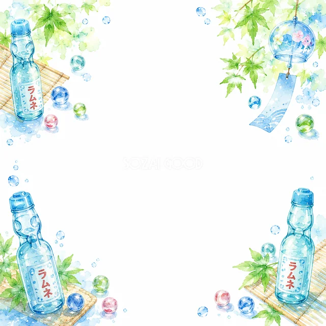 ラムネ瓶と青い風鈴の夏素材フレーム