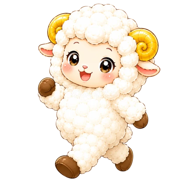 笑顔でウォーキングをするかわいい羊（背景透過PNG）