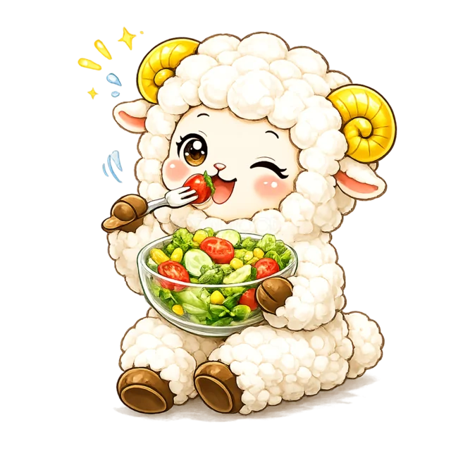 野菜サラダを食べる健康的な羊（背景透過PNG）
