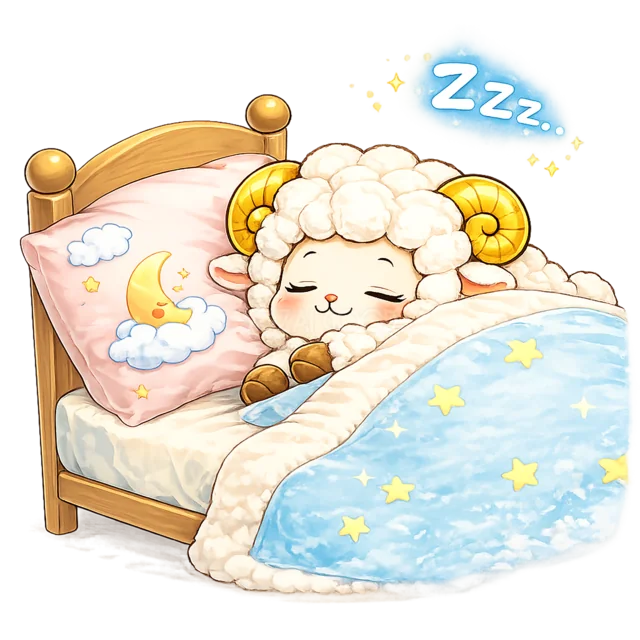 星柄の布団でぐっすり眠る羊（背景透過PNG）