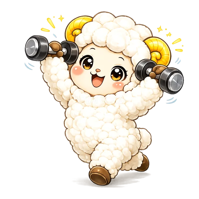 ダンベルを持ち筋力トレーニングをする羊（背景透過PNG）