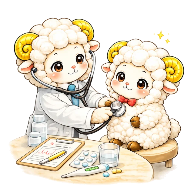 白衣の羊に聴診器で診察してもらう羊（背景透過PNG）