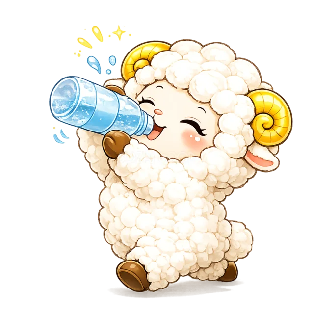 大きなコップで水分補給をする羊（背景透過PNG）