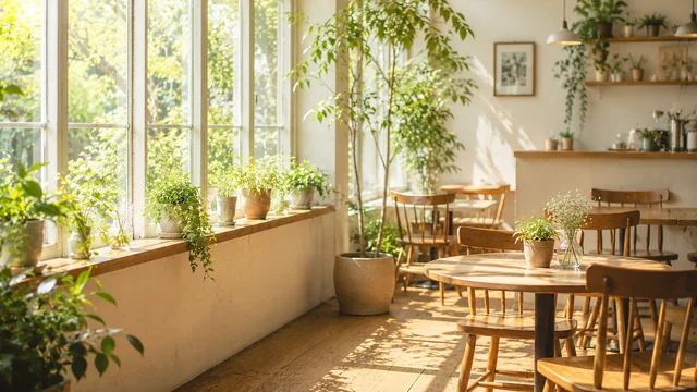 観葉植物と木製家具に木漏れ日が差す明るいカフェ店内背景
