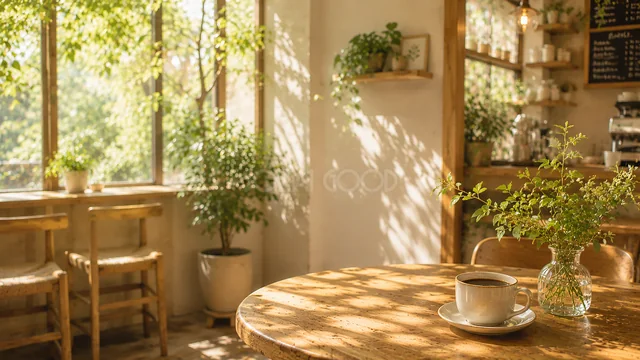 木漏れ日が差す植物いっぱいのカフェテーブル背景