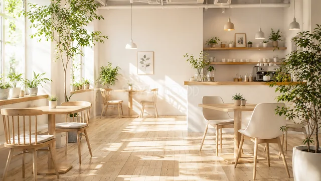 白い家具と観葉植物が並ぶ明るいナチュラルカフェ店内背景