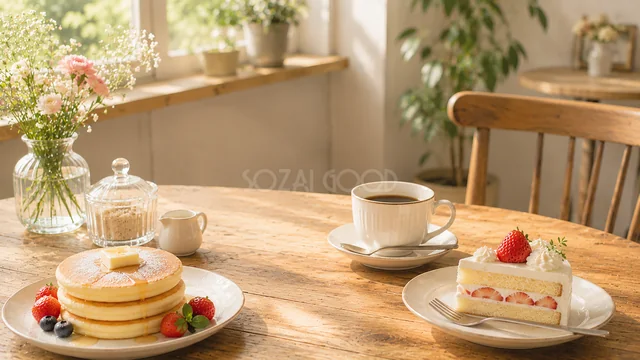 パンケーキと紅茶を並べた明るいカフェのティータイム背景