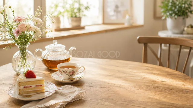 ショートケーキとティーポットを置いた木製カフェテーブル背景