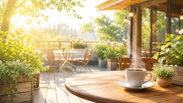 朝日が差し込む緑豊かなガーデンカフェテラス背景