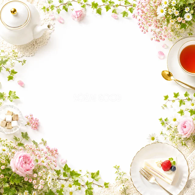花とケーキと紅茶のナチュラルカフェフレーム