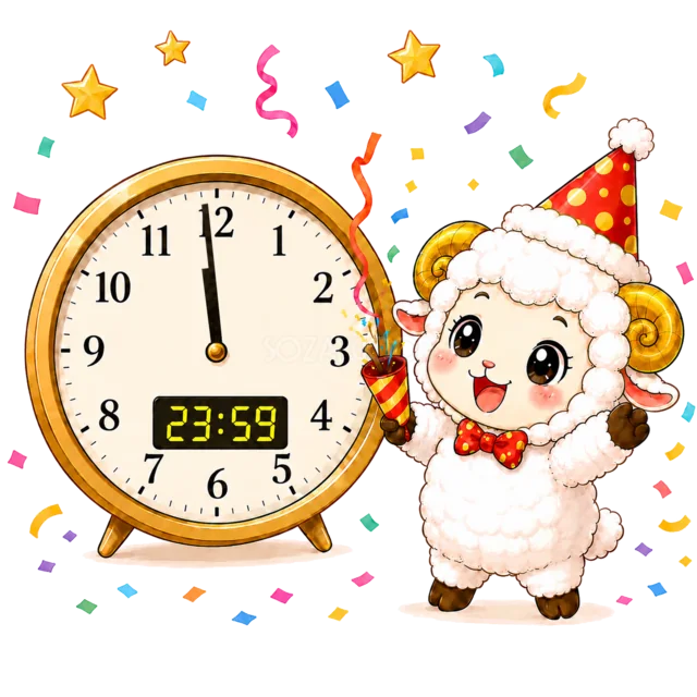 23時59分の時計と紙吹雪で年越しする羊（背景透過PNG）