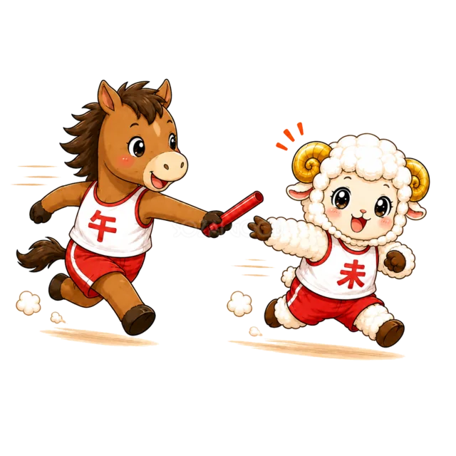 午年の馬から未年の羊へたすきを渡す干支リレー（背景透過PNG）