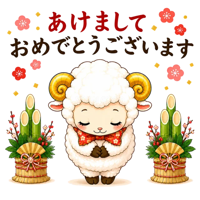 門松の間であけましておめでとうございますとお辞儀する羊（背景透過PNG）