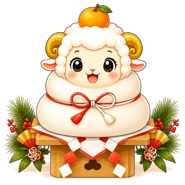 鏡餅になって新年を祝うかわいい羊（背景透過PNG）