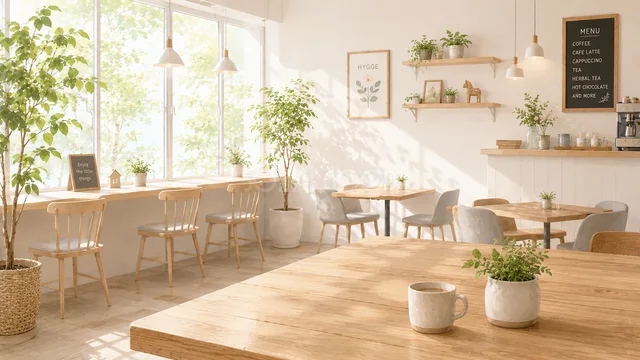 白壁と観葉植物に囲まれた爽やかなカフェ店内背景
