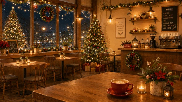 クリスマスツリーとリースを飾った夜のカフェ店内背景