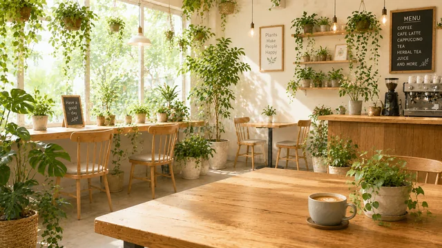 観葉植物と木製家具が並ぶ明るいボタニカルカフェ背景
