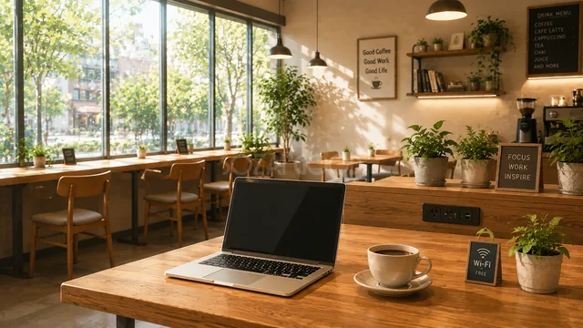 ノートパソコンとコーヒーを置いた植物のあるカフェ背景