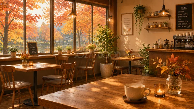紅葉を望む暖かな木製カフェ店内の秋背景