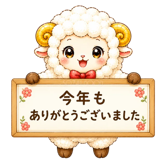 「今年もありがとうございました」の看板を持つ羊（背景透過PNG）