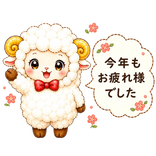 「今年もお疲れ様でした」と手を振る羊（背景透過PNG）