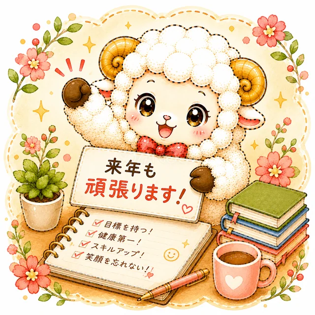 「来年も頑張ります！」のカードを持つ羊（背景透過PNG）