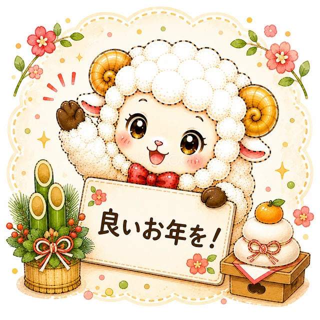 門松と鏡餅を飾り「良いお年を」と伝える羊（背景透過PNG）
