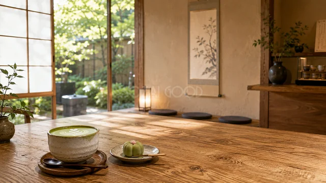 新緑の庭を望む抹茶と和菓子の落ち着いた和室背景