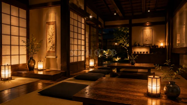 行灯の明かりがともる夜の静かな和室と坪庭背景