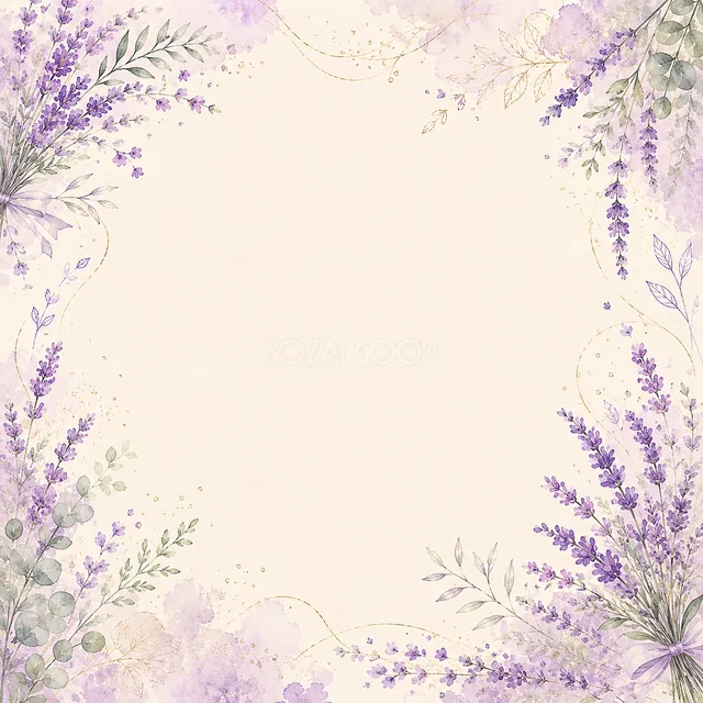 紫のラベンダーと藤の花で囲む優雅な縦型フラワーフレーム（PNG）