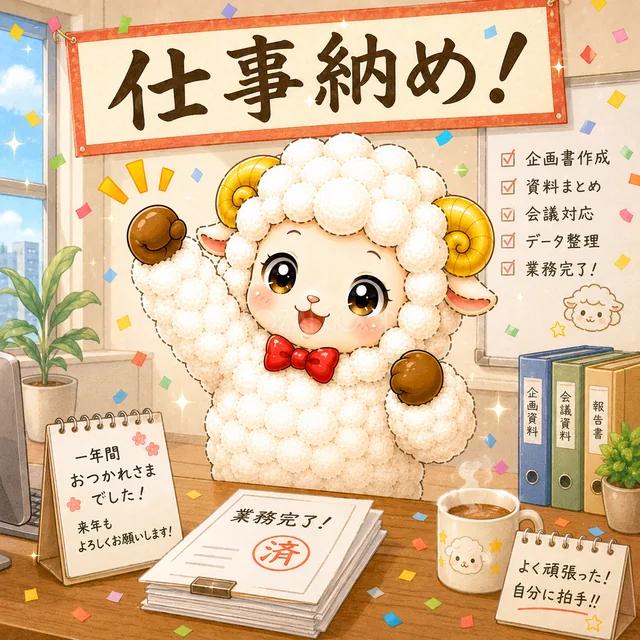 仕事納めを終えてこぶしを上げる羊（高画質PNG）