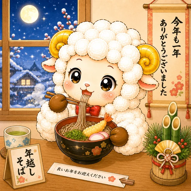 雪の夜に年越しそばを食べるかわいい羊（高画質PNG）