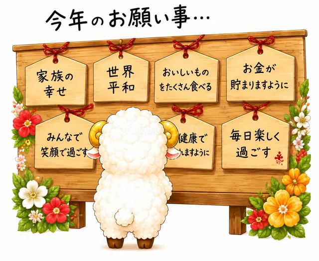 今年のお願い事を書いた絵馬を見る未年の羊（背景透過PNG）