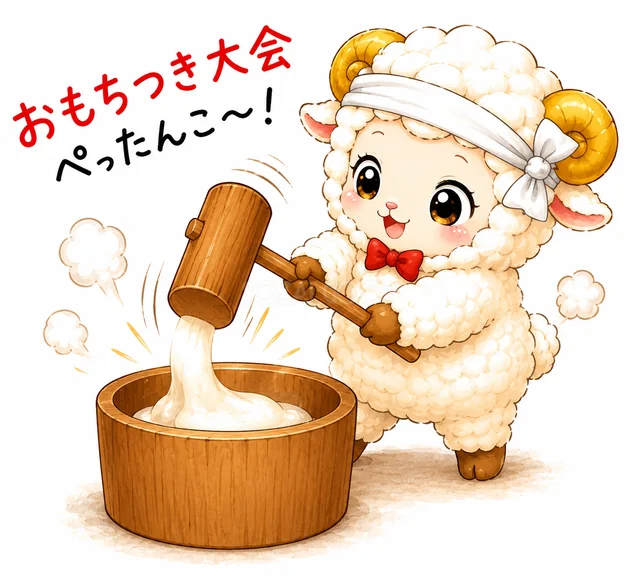 杵と臼で餅つきをする未年の羊（背景透過PNG）