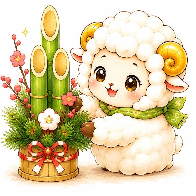 門松の横で新年を祝う未年の羊（背景透過PNG）