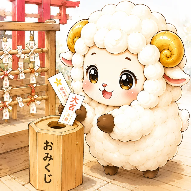 神社でおみくじを引く未年の羊（背景透過PNG）