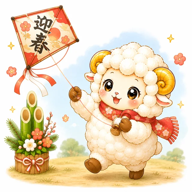迎春と書かれた凧を揚げる未年の羊（背景透過PNG）