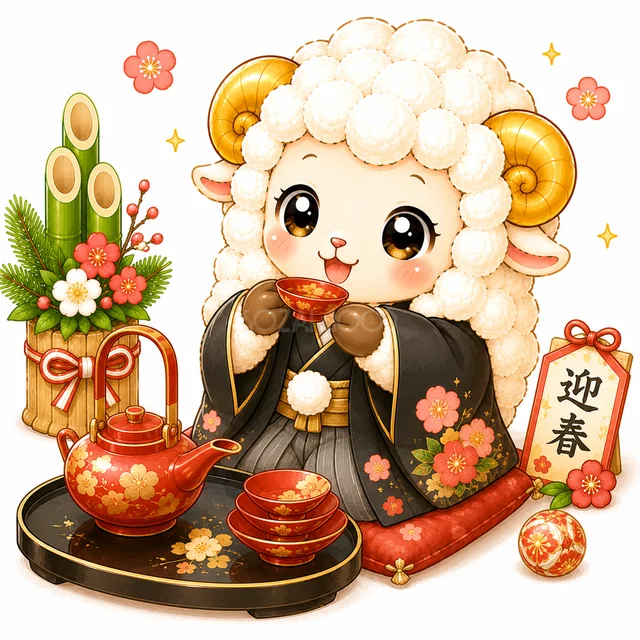 門松の横でお正月のお茶を楽しむ晴れ着姿の羊（背景透過PNG）