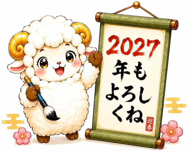 筆と掛け軸で2027年もよろしくねと伝える羊（背景透過PNG）