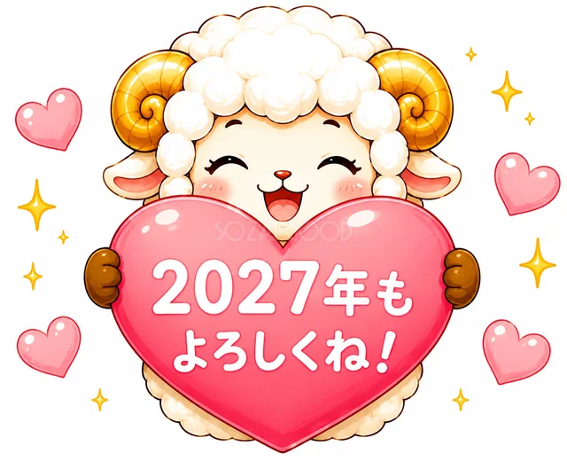 大きなハートを持ち2027年もよろしくねと伝える羊（背景透過PNG）