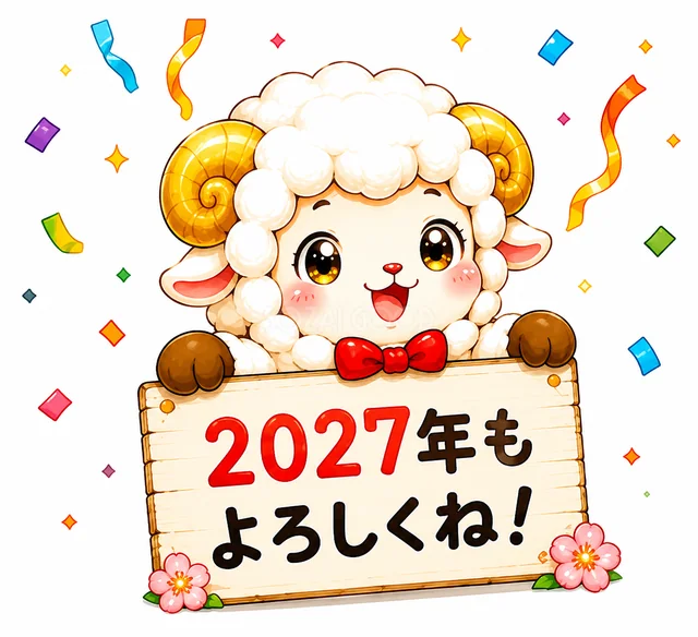 紙吹雪と木製ボードで2027年のあいさつをする羊（背景透過PNG）