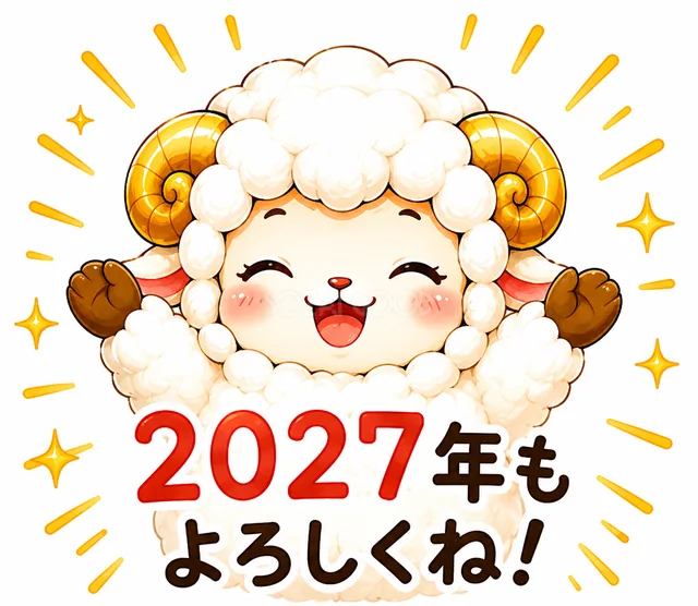 両手を広げて2027年もよろしくねと伝える羊（背景透過PNG）