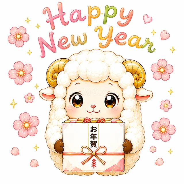 お年賀の包みを持ちHappy New Yearと祝う羊（背景透過PNG）