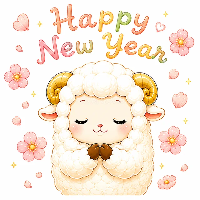 梅の花に囲まれHappy New Yearとお辞儀する羊（背景透過PNG）