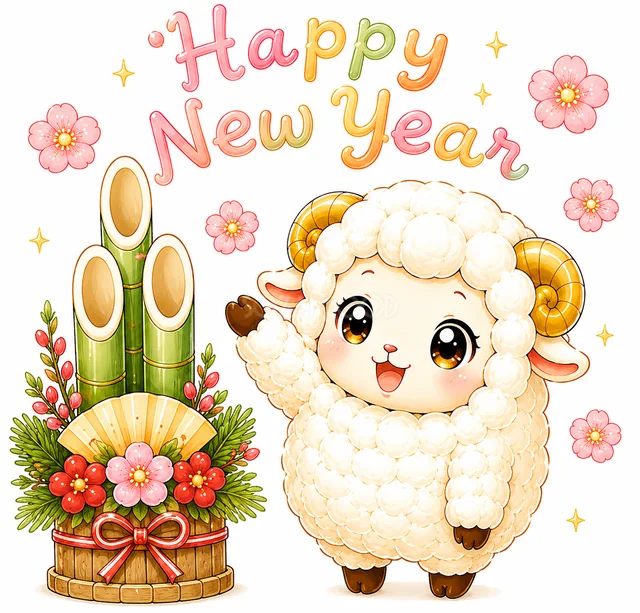 門松の横でHappy New Yearと手を振る羊（背景透過PNG）