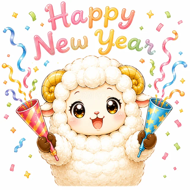 クラッカーを鳴らしHappy New Yearと祝う羊（背景透過PNG）